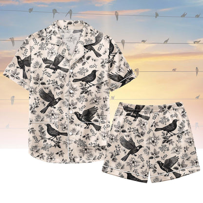 Bird Satin Pajama Set, Beige Floral Sleepwear, Elegant Birds and Flowers Summer Pajamas, Soft Lounge Set for Women