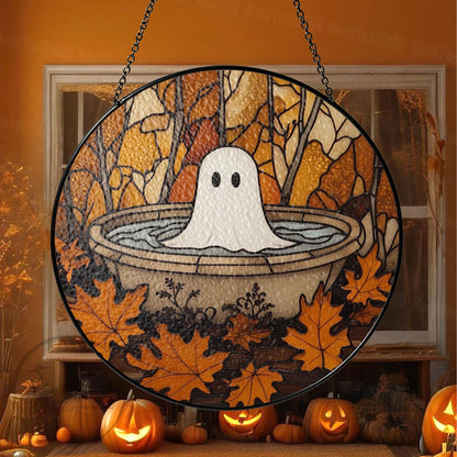 Cute Ghost in Fountain Stained Glass Suncatcher, Round Halloween Window Hanging, Autumn Leaves Fall Decor, Spooky Yet Cozy Gift Idea