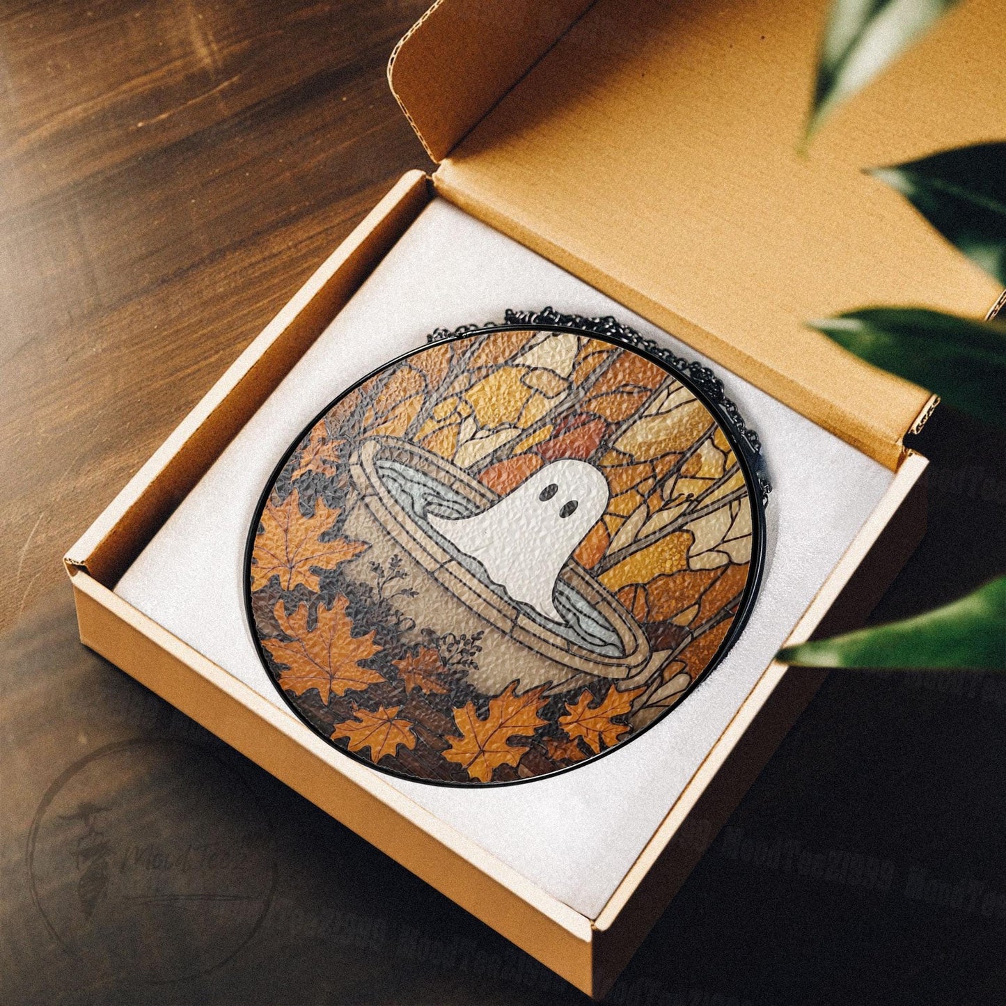 Cute Ghost in Fountain Stained Glass Suncatcher, Round Halloween Window Hanging, Autumn Leaves Fall Decor, Spooky Yet Cozy Gift Idea