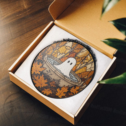 Cute Ghost in Fountain Stained Glass Suncatcher, Round Halloween Window Hanging, Autumn Leaves Fall Decor, Spooky Yet Cozy Gift Idea