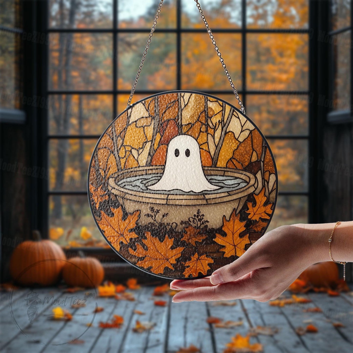 Cute Ghost in Fountain Stained Glass Suncatcher, Round Halloween Window Hanging, Autumn Leaves Fall Decor, Spooky Yet Cozy Gift Idea