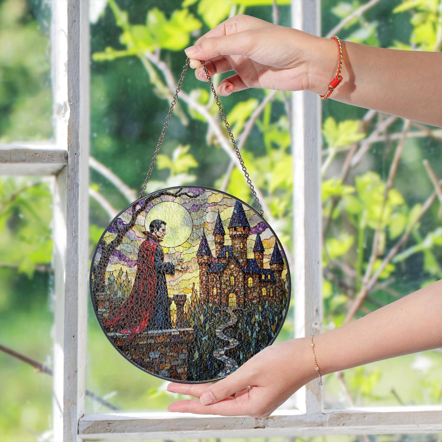 Vampire Castle Stained Glass Suncatcher Gothic Window Decor Halloween Gift for Horror Lovers