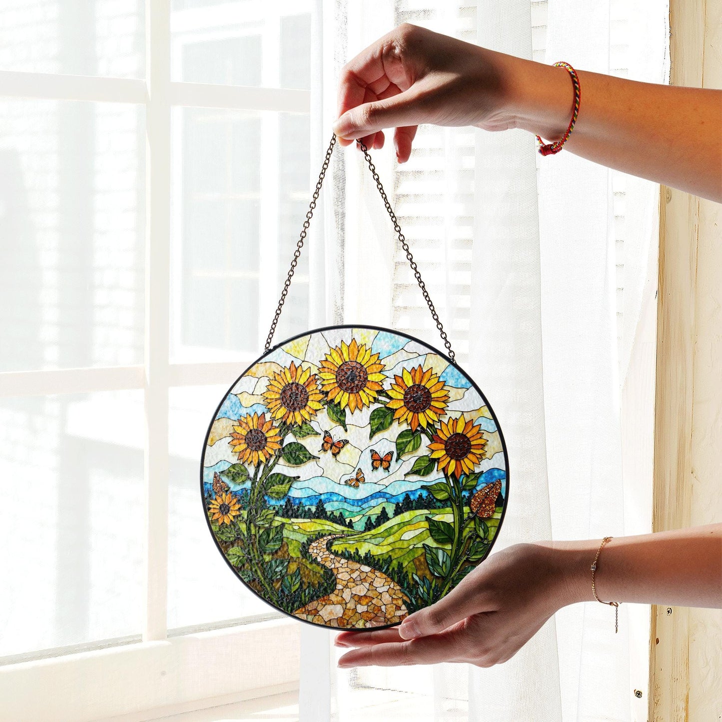 Sunflowers butterflies path stained glass suncatcher nature window decor mothers day gift