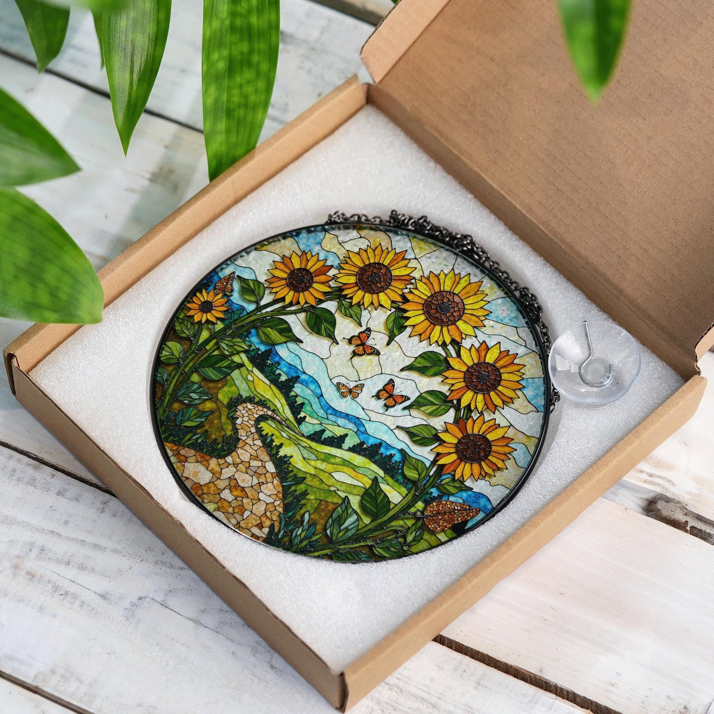 Sunflowers butterflies path stained glass suncatcher nature window decor mothers day gift
