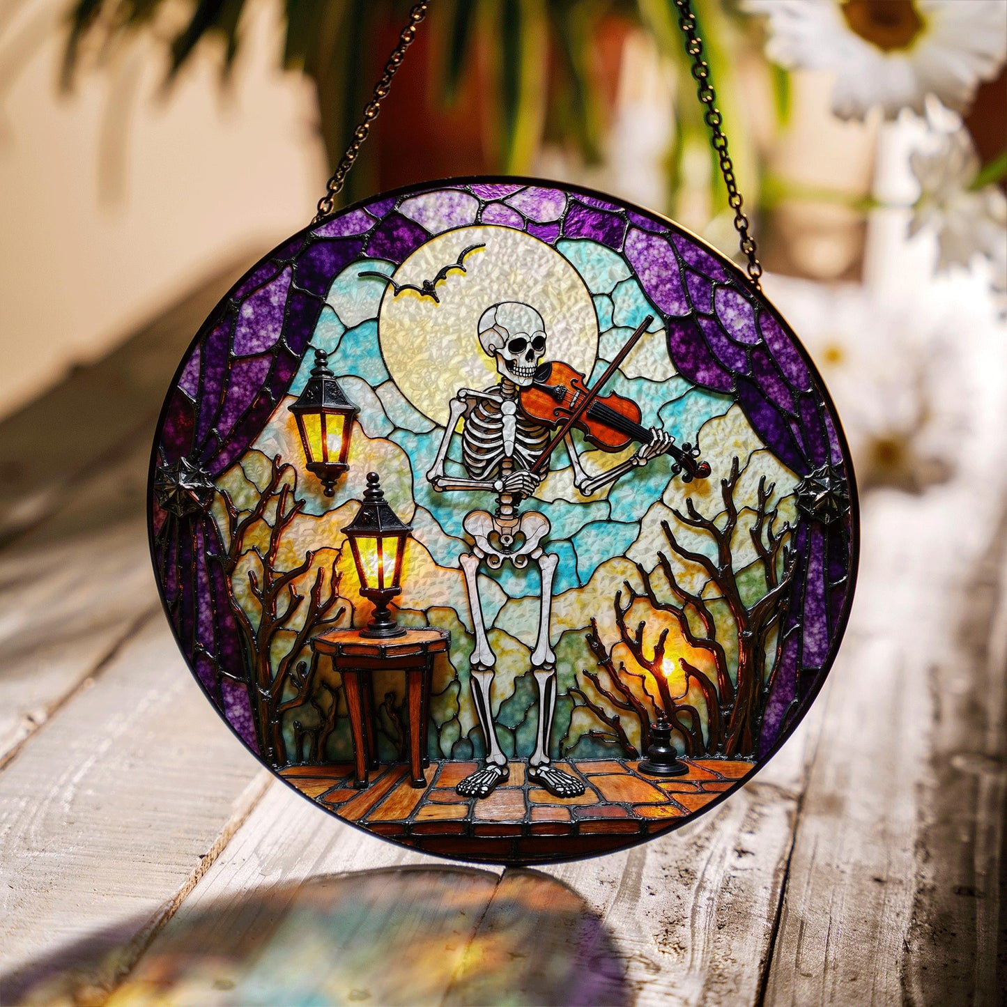 Skeleton Playing Violin Spooky Stained Glass Suncatcher Halloween Gothic Gift