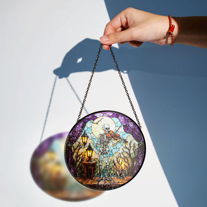 Skeleton Playing Violin Spooky Stained Glass Suncatcher Halloween Gothic Gift