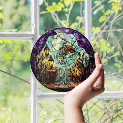 Skeleton Playing Violin Spooky Stained Glass Suncatcher Halloween Gothic Gift