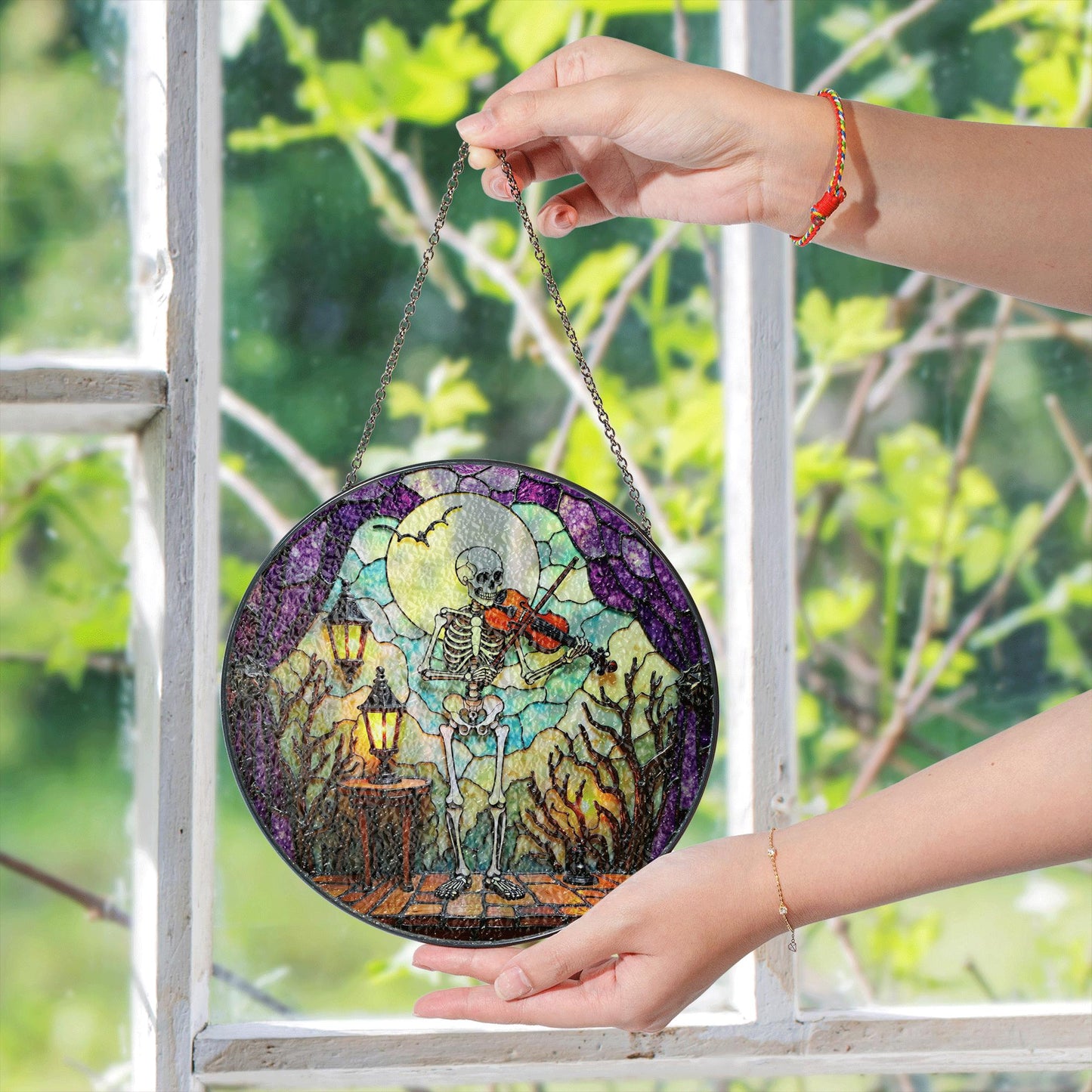 Skeleton Playing Violin Spooky Stained Glass Suncatcher Halloween Gothic Gift