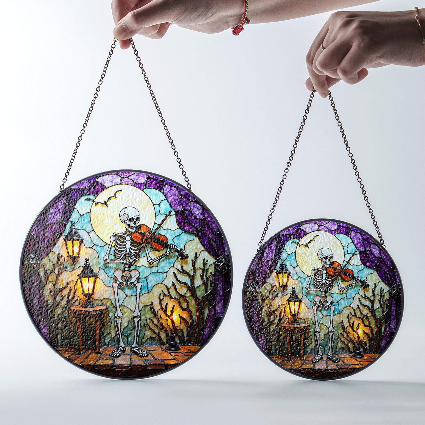 Skeleton Playing Violin Spooky Stained Glass Suncatcher Halloween Gothic Gift