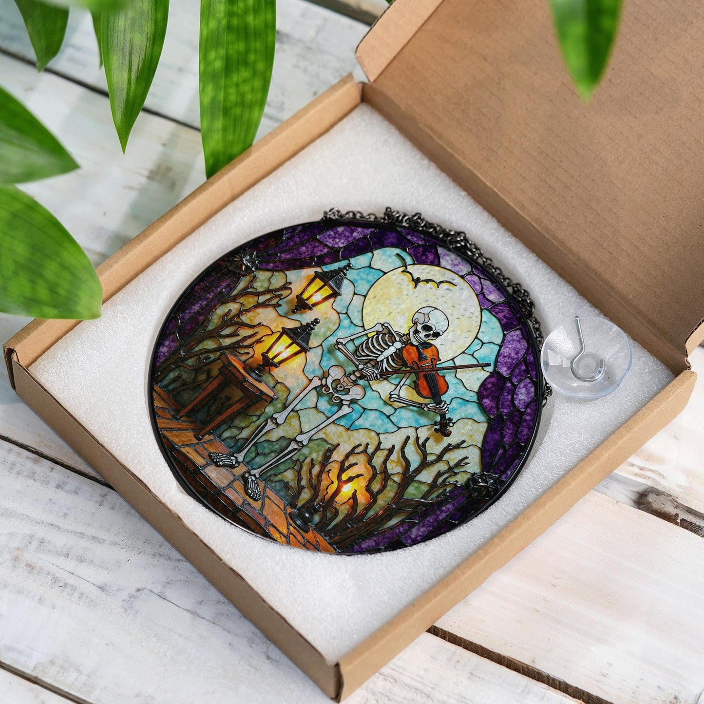 Skeleton Playing Violin Spooky Stained Glass Suncatcher Halloween Gothic Gift