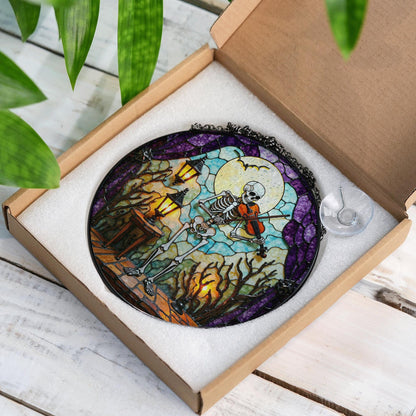 Skeleton Playing Violin Spooky Stained Glass Suncatcher Halloween Gothic Gift