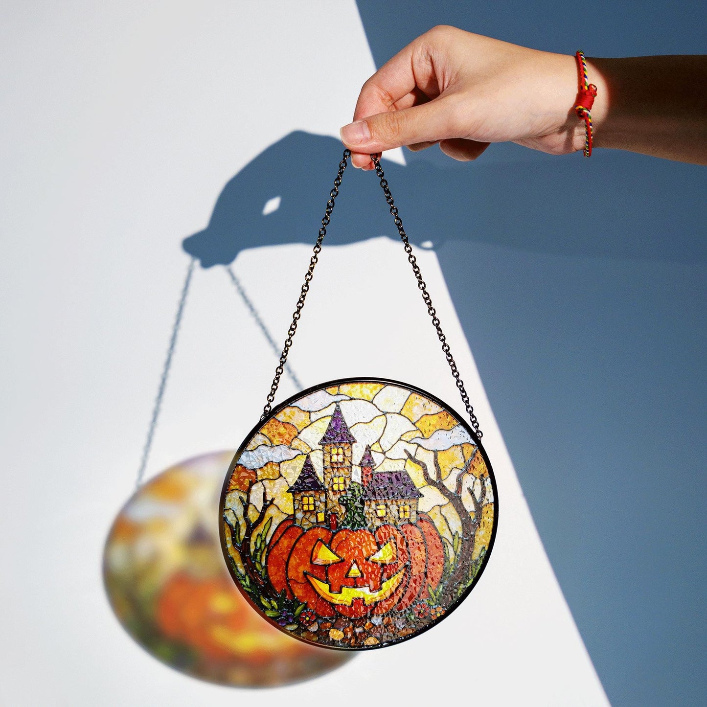 Haunted house pumpkin stained glass suncatcher Halloween window decor gift for spooky season lovers