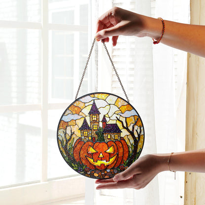 Haunted house pumpkin stained glass suncatcher Halloween window decor gift for spooky season lovers