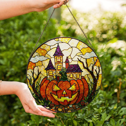 Haunted house pumpkin stained glass suncatcher Halloween window decor gift for spooky season lovers