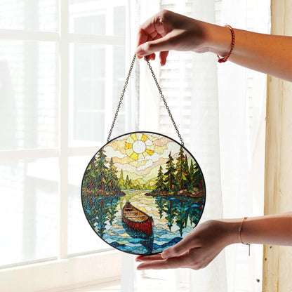 Canoe on Forest Lake Stained Glass Suncatcher Window Hanging Rustic Cabin Decor Gift for Nature Lovers