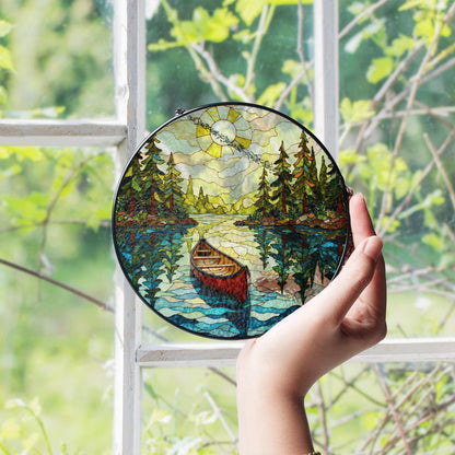Canoe on Forest Lake Stained Glass Suncatcher Window Hanging Rustic Cabin Decor Gift for Nature Lovers