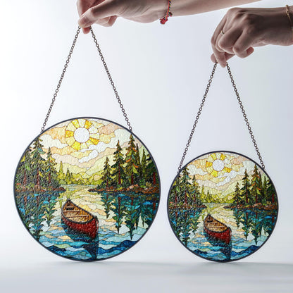 Canoe on Forest Lake Stained Glass Suncatcher Window Hanging Rustic Cabin Decor Gift for Nature Lovers