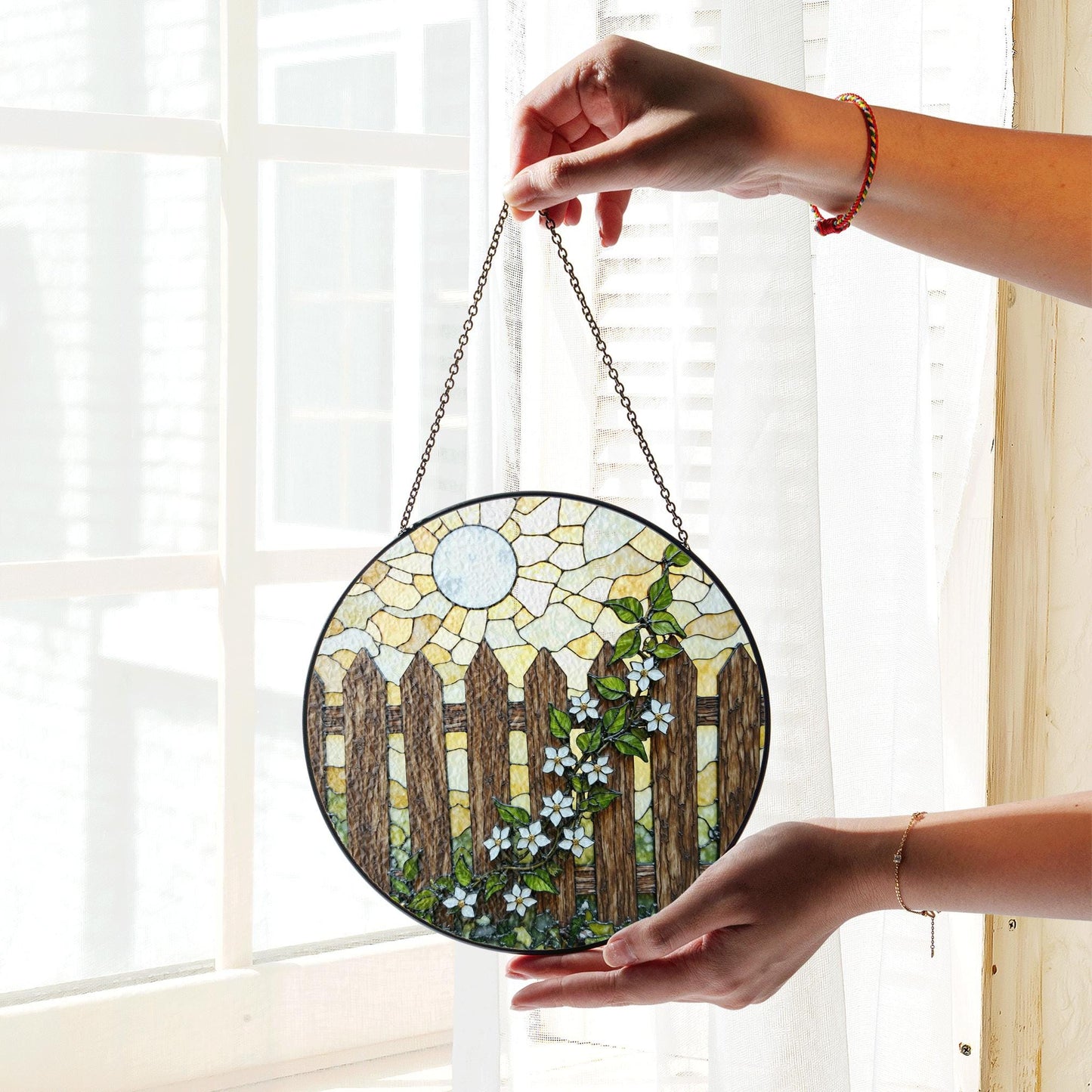 Rustic wooden fence with white flowers stained glass suncatcher gift for nature lovers