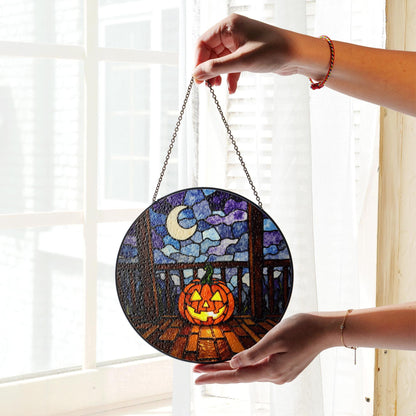 Glowing Pumpkin Moonlit Porch Halloween Stained Glass Suncatcher Gift for Mom Friends or Pumpkin Lovers