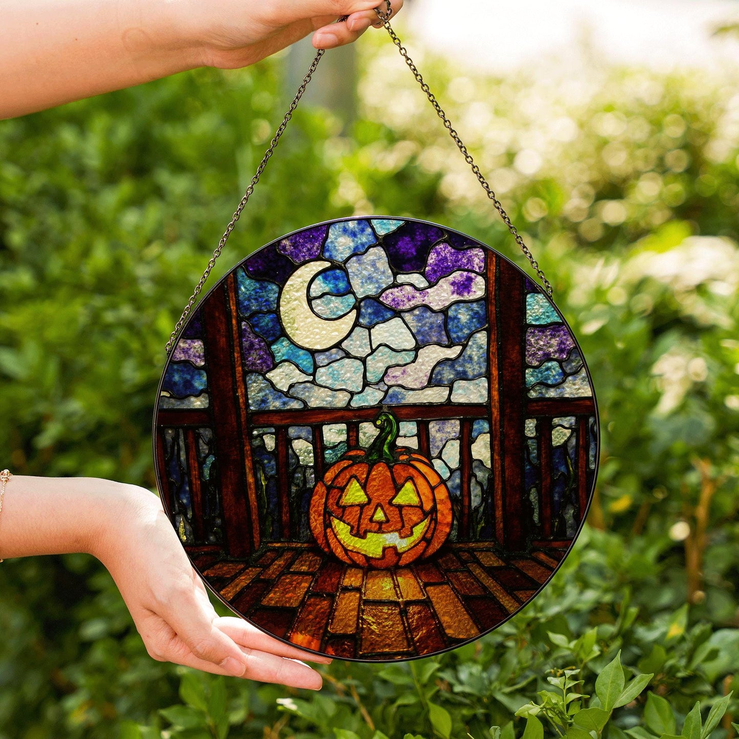 Glowing Pumpkin Moonlit Porch Halloween Stained Glass Suncatcher Gift for Mom Friends or Pumpkin Lovers