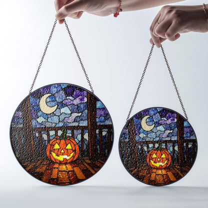 Glowing Pumpkin Moonlit Porch Halloween Stained Glass Suncatcher Gift for Mom Friends or Pumpkin Lovers