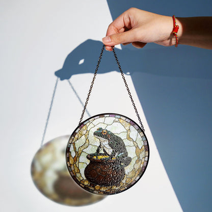 Frog with gold cauldron stained glass suncatcher witchy window decor Halloween gift for frog lover