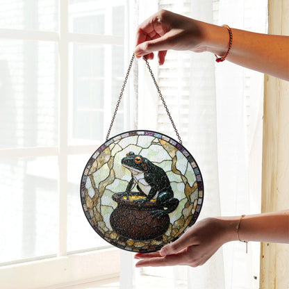 Frog with gold cauldron stained glass suncatcher witchy window decor Halloween gift for frog lover