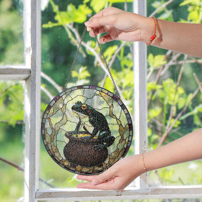 Frog with gold cauldron stained glass suncatcher witchy window decor Halloween gift for frog lover