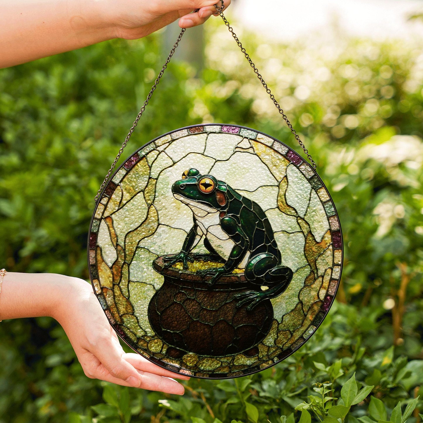 Frog with gold cauldron stained glass suncatcher witchy window decor Halloween gift for frog lover