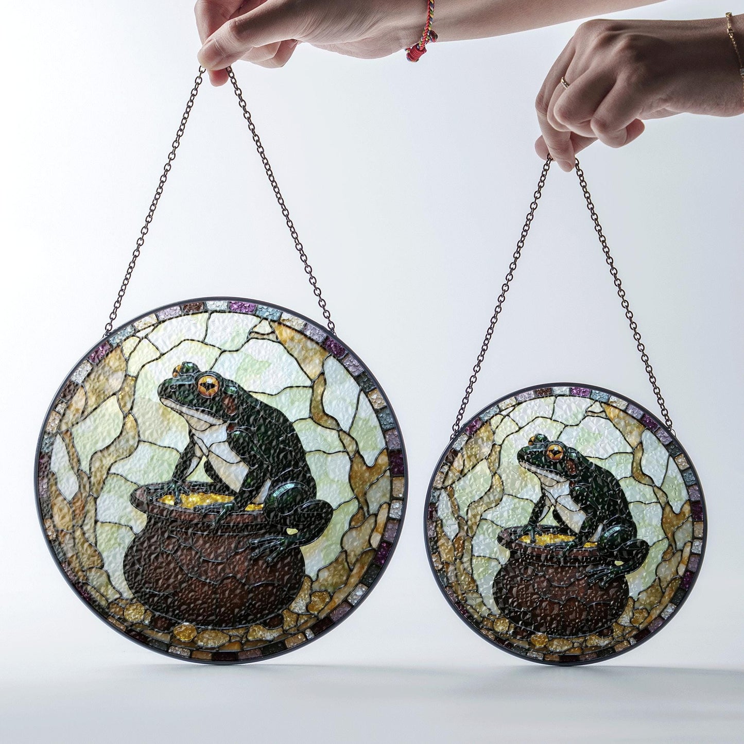 Frog with gold cauldron stained glass suncatcher witchy window decor Halloween gift for frog lover