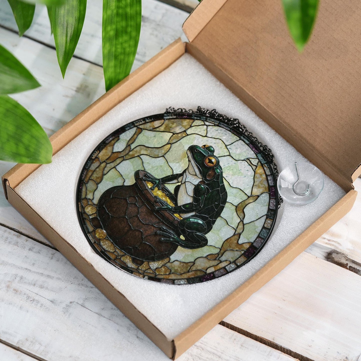 Frog with gold cauldron stained glass suncatcher witchy window decor Halloween gift for frog lover