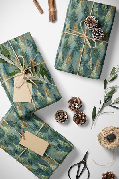 Christmas Gift Wrap Roll with Pine Trees and Pinecones, Rustic Winter Forest Wrapping Paper #16