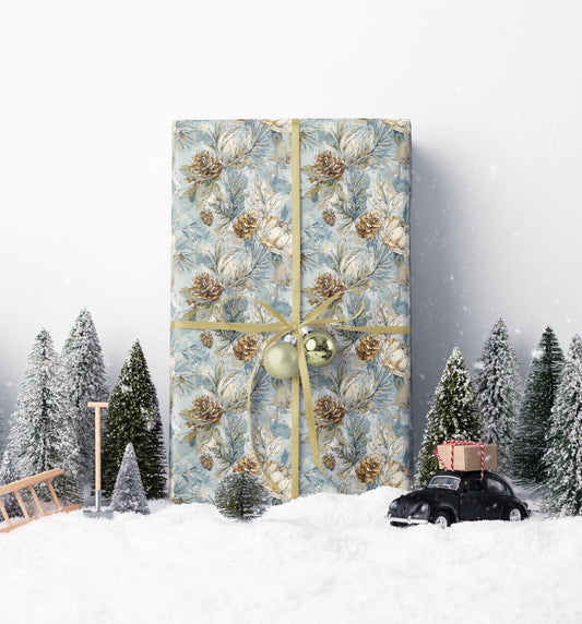 Winter Tree Wrapping Paper Roll, Christmas Gift Wrap with Pinecones and Woodland Decor Theme #13