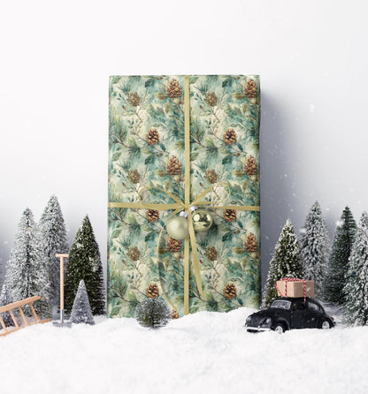 Christmas Wrapping Paper Roll with Pinecones and Trees, Winter Forest Gift Wrap for Seasonal Gifting #2