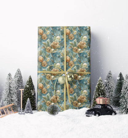 Winter Evergreen Wrapping Paper Roll, Pinecone and Tree Gift Wrap for Holiday and Christmas wrapping paper