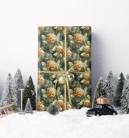 Rustic Christmas Wrapping Paper Roll, Winter Trees and Pinecones Gift Wrap for Holiday Gifts #4