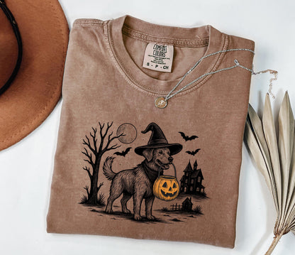 Comfort Colors® Halloween Dog Shirt, Witch Dog with Pumpkin Basket Shirt, Haunted House Fall Shirt, Spooky Pet Shirt, Spooky Witch Dog Shirt