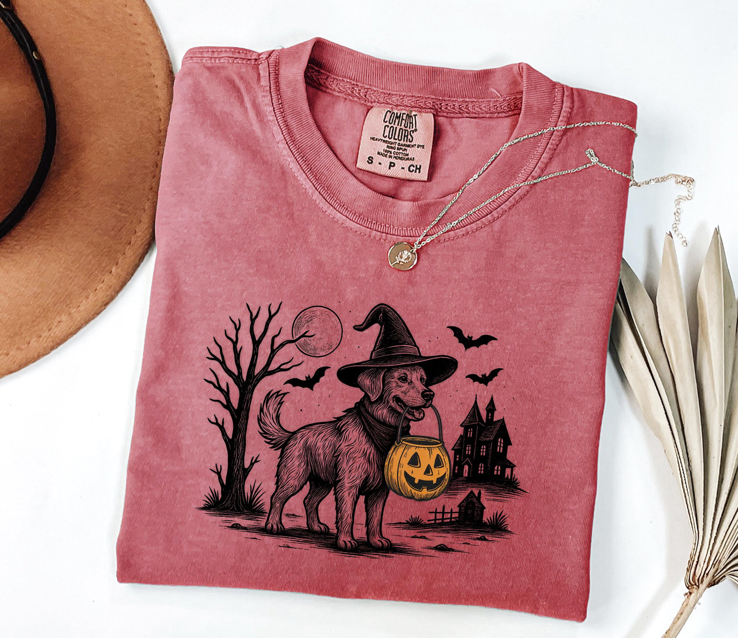 Comfort Colors® Halloween Dog Shirt, Witch Dog with Pumpkin Basket Shirt, Haunted House Fall Shirt, Spooky Pet Shirt, Spooky Witch Dog Shirt