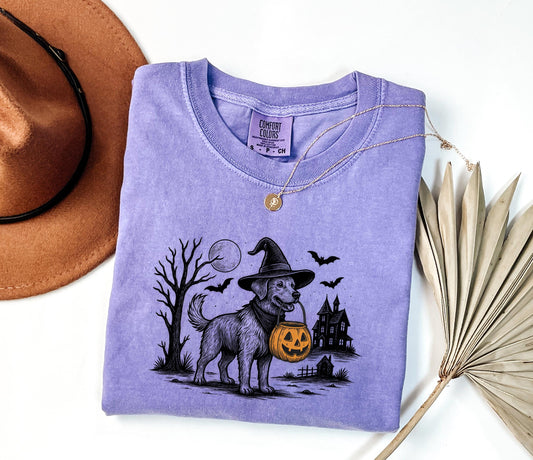 Comfort Colors® Halloween Dog Shirt, Witch Dog with Pumpkin Basket Shirt, Haunted House Fall Shirt, Spooky Pet Shirt, Spooky Witch Dog Shirt