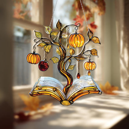 Autumn Book Tree Window Hanging Decor with Pumpkins and Leaves, Literary Fall Ornament for Book Lovers, Cozy Home Seasonal Decoration