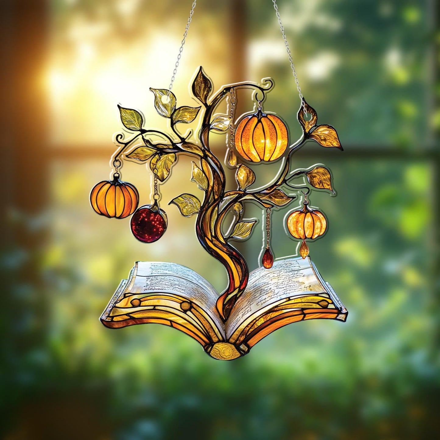Autumn Book Tree Window Hanging Decor with Pumpkins and Leaves, Literary Fall Ornament for Book Lovers, Cozy Home Seasonal Decoration