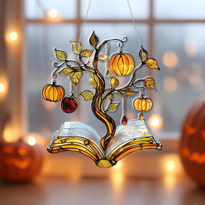 Autumn Book Tree Window Hanging Decor with Pumpkins and Leaves, Literary Fall Ornament for Book Lovers, Cozy Home Seasonal Decoration
