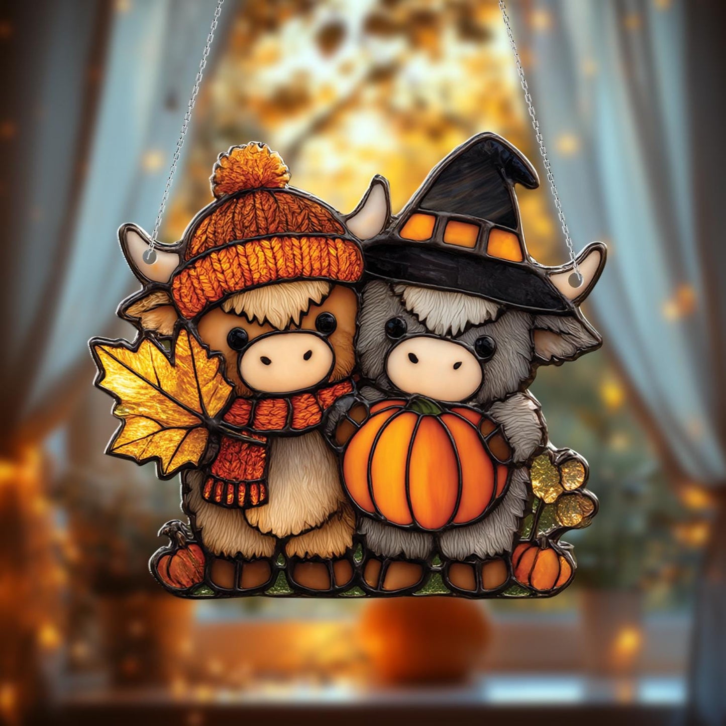Cute Highland Cow Window Hanging with Pumpkin and Autumn Leaves, Fall Farm Animal Decor for Halloween and Thanksgiving Home Accent