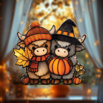 Cute Highland Cow Window Hanging with Pumpkin and Autumn Leaves, Fall Farm Animal Decor for Halloween and Thanksgiving Home Accent