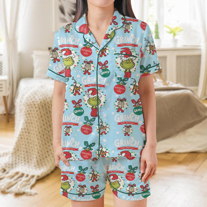 Grinch Christmas Coquette Pajama Set, Grinchmas Christmas  Sleepwear, Grinchy Loungewear, Green Guy Pajamas, Christmas Movie Character Pjs
