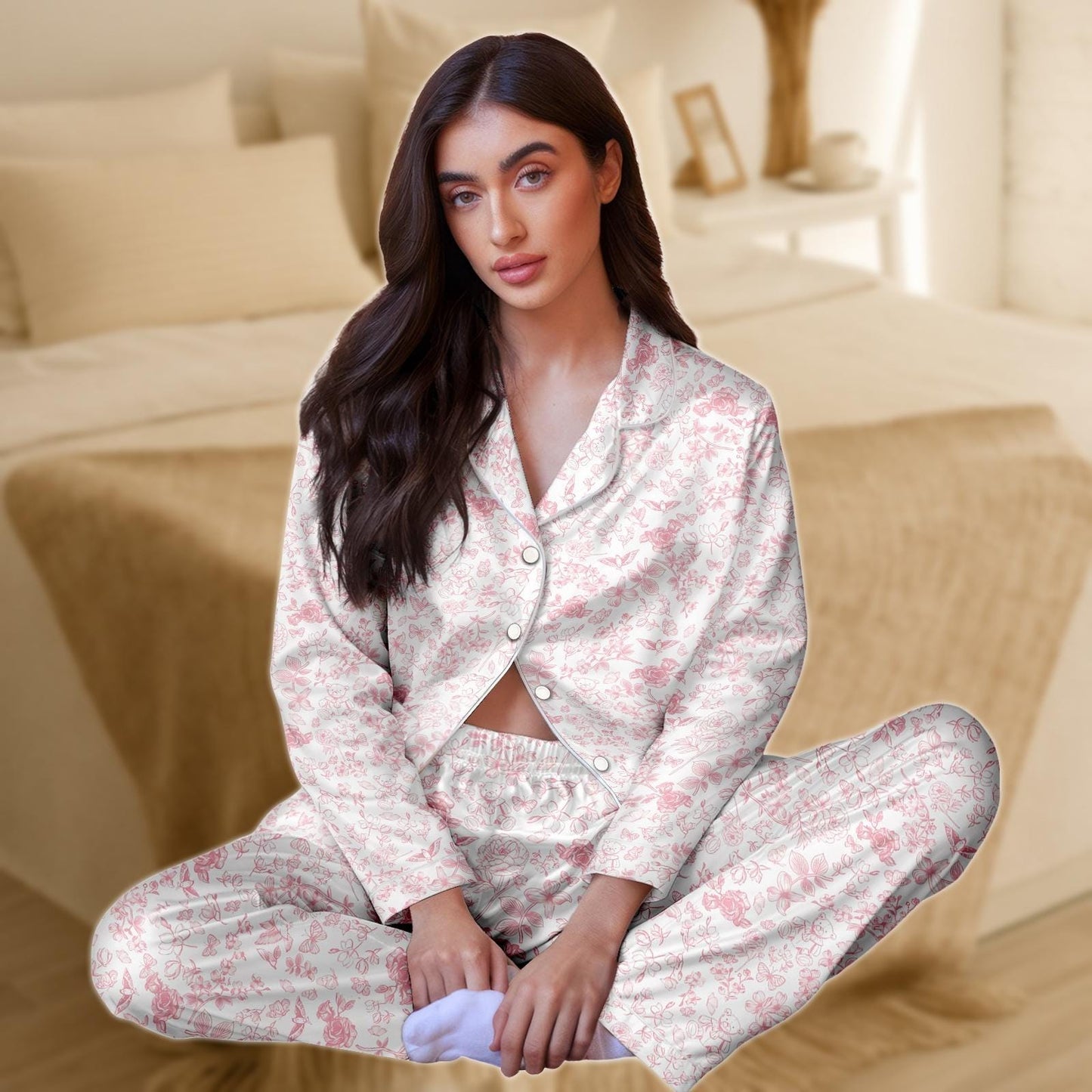 Floral Pink Satin Pajama Set for Women, Soft Blush Rose Print Sleepwear, Long Sleeve Silky Lounge Set, Romantic Piece Nightwear,Gift Fo
