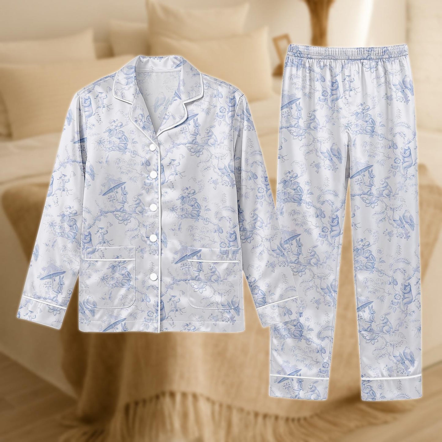 Blue Toile Satin Pajama Set for Women, Fairytale Print Long Sleeve Sleepwear, Soft Silky Lounge Set, Elegant Piece Nightwear, Gift For