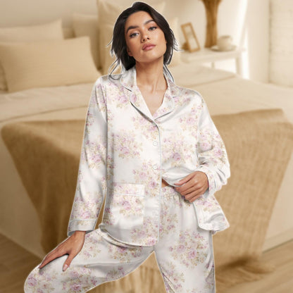 Pastel Floral Satin Pajama Set for Women, Soft Pink Rose Print Sleepwear, Elegant Long Sleeve Loungewear, Silky Two Piece Set, Gift For