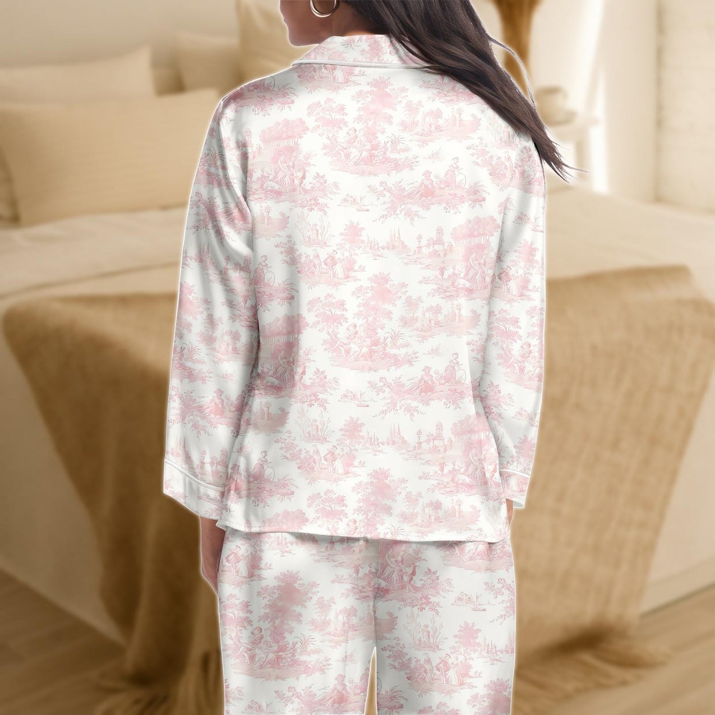 Toile Pink Satin Pajama Set for Women, French Country Print Sleepwear, Long Sleeve Silky Loungewear, Soft Romantic Two Piece Set