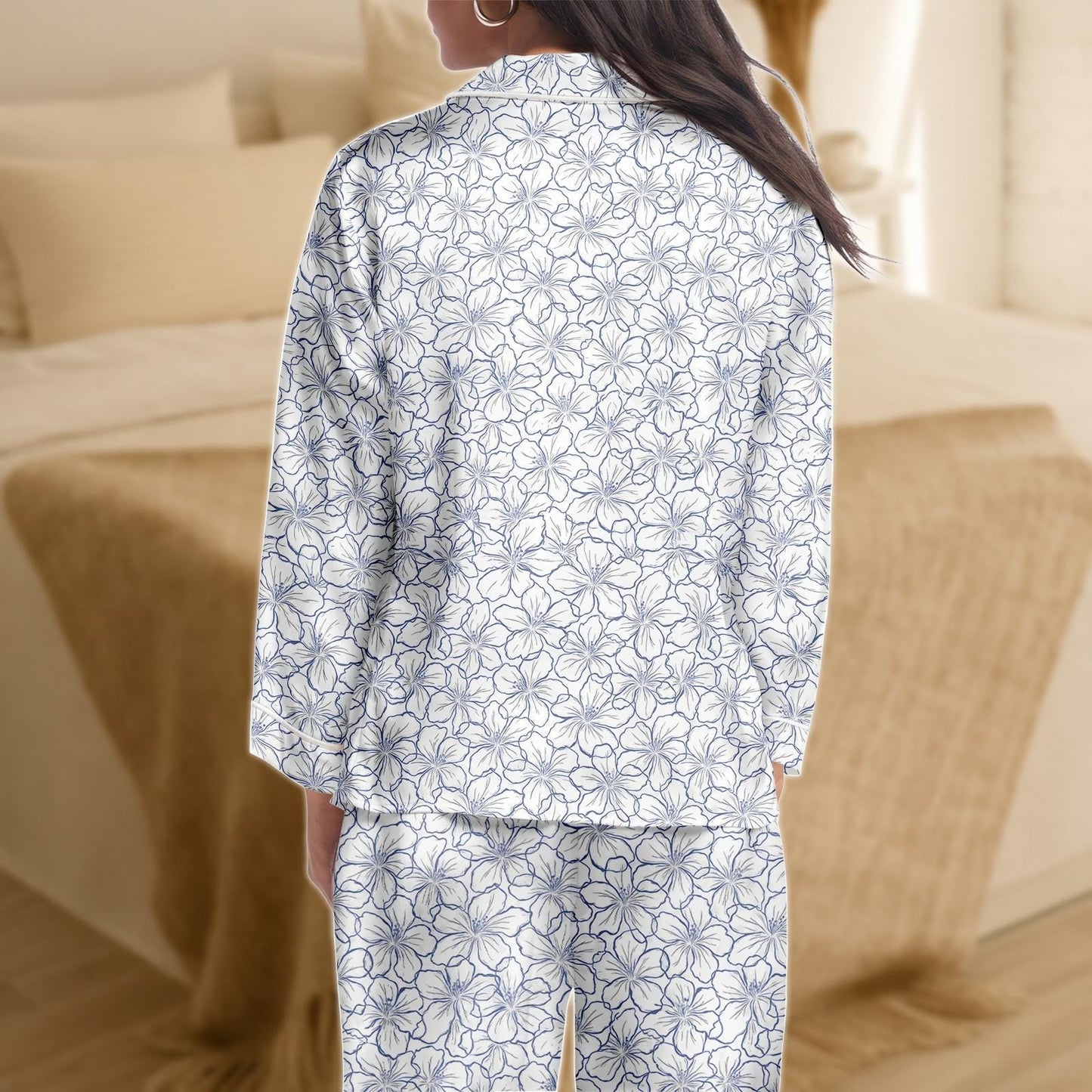 Hibiscus Floral Satin Pajama Set for Women, Navy and White Sleepwear, Long Sleeve Tropical Print PJs, Silky Two Piece Lounge Set